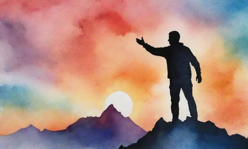 Una silueta de una persona escalando un pico de montaña, su mano alcanzando hacia un amanecer, superando los obstáculos con determinación.