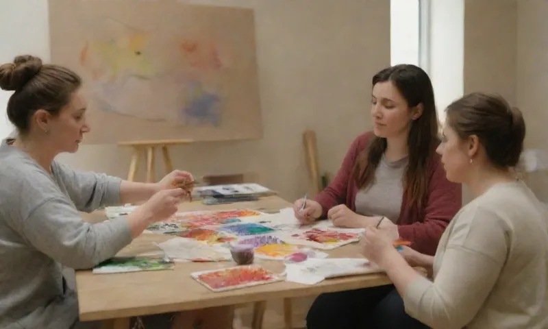 Un grupo de artistas en diversas etapas de creación de obras utilizando arcilla, pinceles sobre lienzo y lápices de colores, todos comprometidos en conversación en un espacio de estudio compartido bajo luz natural.