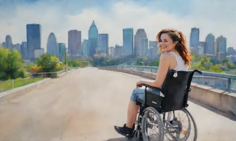 Una mujer joven, sentada en una rampa de silla de ruedas al aire libre, sonriente brillantemente, con un marco de caminata adaptado a su lado, mientras mira hacia el horizonte abierto más allá de un horizonte urbano borroso en el fondo.