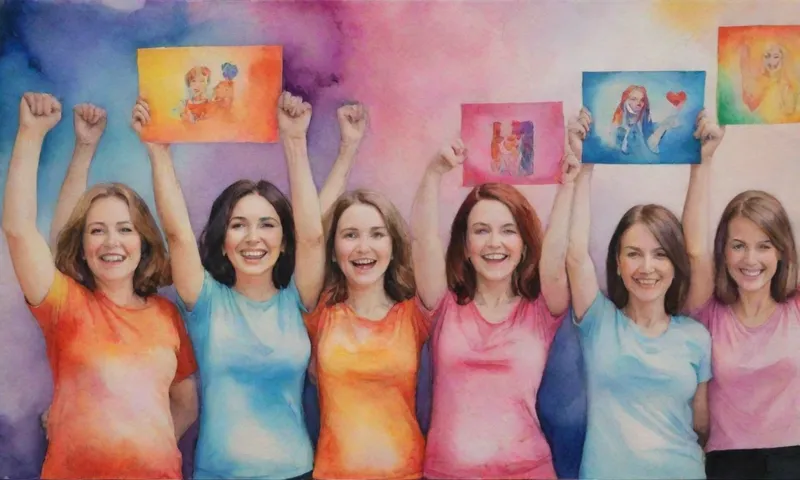 Las mujeres sonrientes se unen, puños apretados, levantando fotos de seres queridos que murieron de Covid-19, rodeados de símbolos de empoderamiento de colores brillantes.