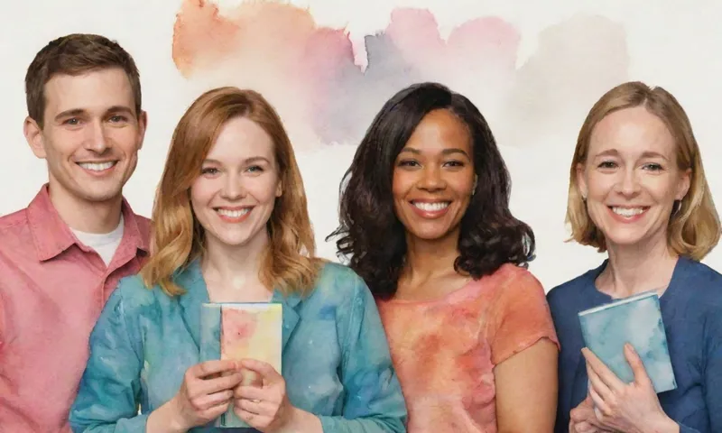 Un grupo sonriente de diversos individuos están de lado a lado, sus caras iluminadas por sonrisas radiantes, sosteniendo pequeños cuadernos de mano mientras hablan apasionadamente