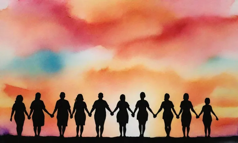 Un grupo diverso de individuos de edades y orígenes se unen a silueta contra un vibrante amanecer