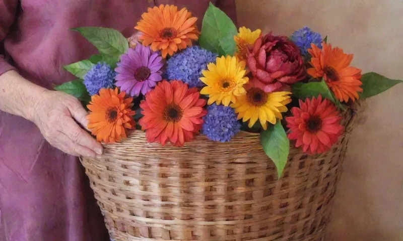 Una foto de cerca de las manos de las ancianas sosteniendo una canasta tejida que rebosa con flores y hojas vibrantes, representando las tradiciones familiares pasó por generaciones.