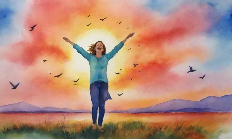 Un individuo sonriente se destaca con los brazos extendidos, contra un cielo vibrante amanecer lleno de aves volando en vuelo.